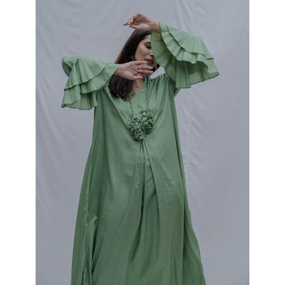 Bohame Light Green Asymmetric Dress With Necklace (Set of 2)