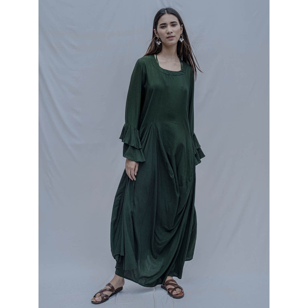 Bohame Bottle Green Asymmetric Dress With Necklace(Set of 2)