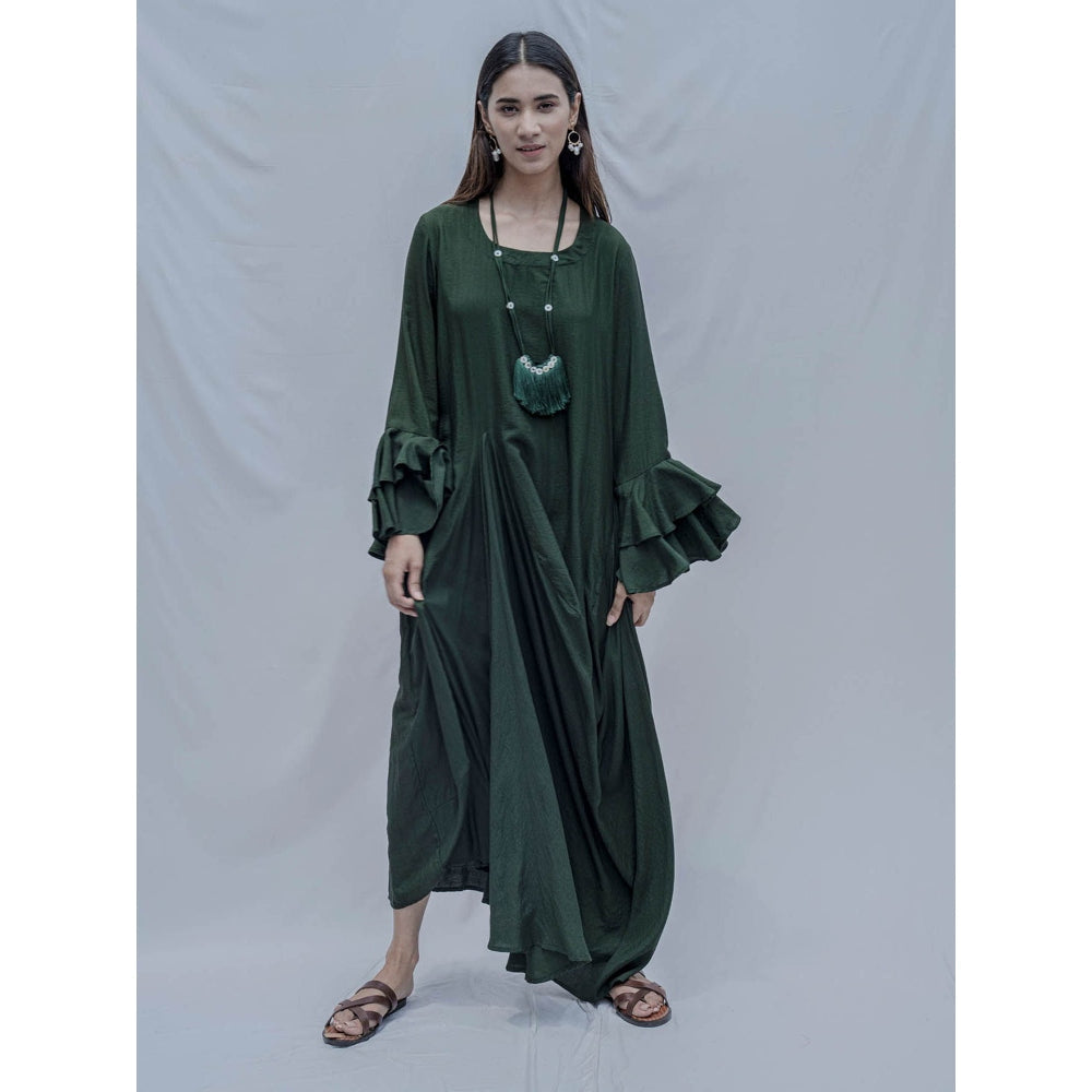 Bohame Bottle Green Asymmetric Dress With Necklace(Set of 2)
