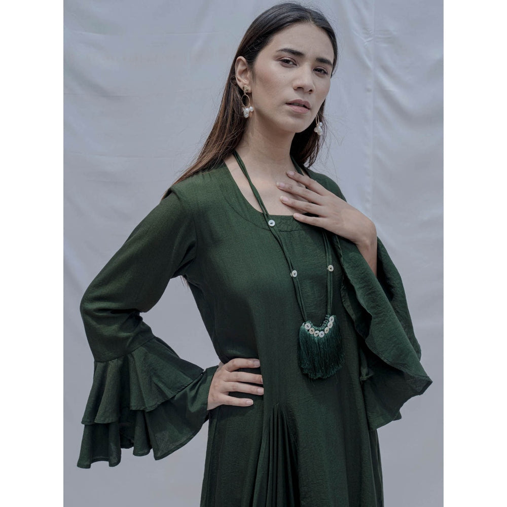 Bohame Bottle Green Asymmetric Dress With Necklace(Set of 2)