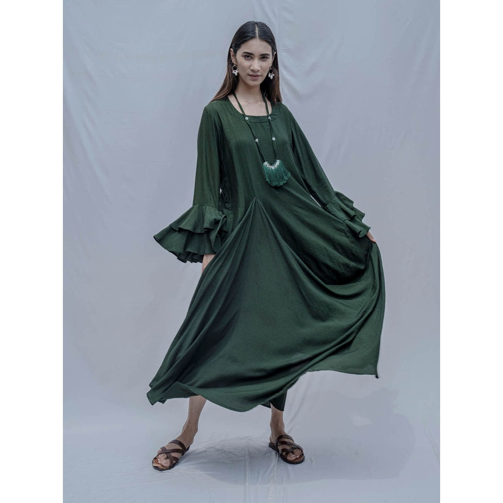 Bohame Bottle Green Asymmetric Dress With Necklace(Set of 2)