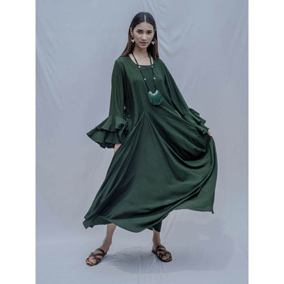 Bohame Bottle Green Asymmetric Dress With Necklace(Set of 2)