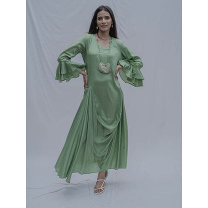 Bohame Light Green Front Pleated Dress With Necklace (Set of 2)