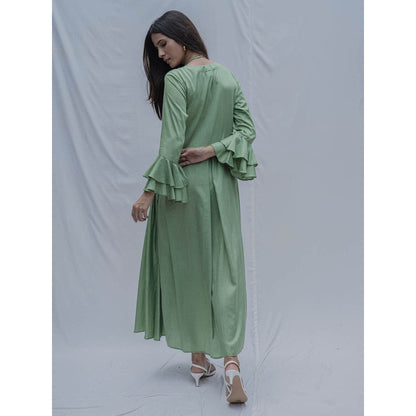 Bohame Light Green Front Pleated Dress With Necklace (Set of 2)