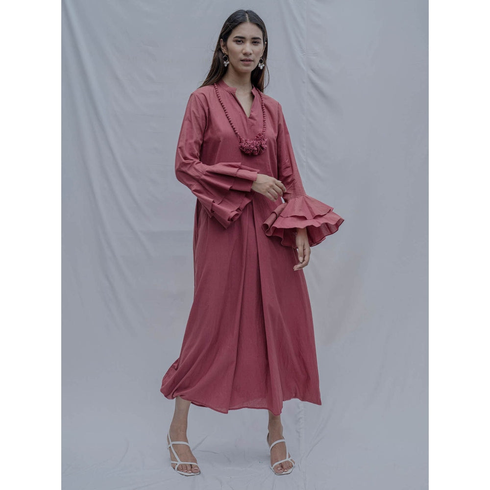 Bohame Rust Front Pleated Dress With Necklace (Set of 2)