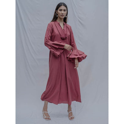 Bohame Rust Front Pleated Dress With Necklace (Set of 2)