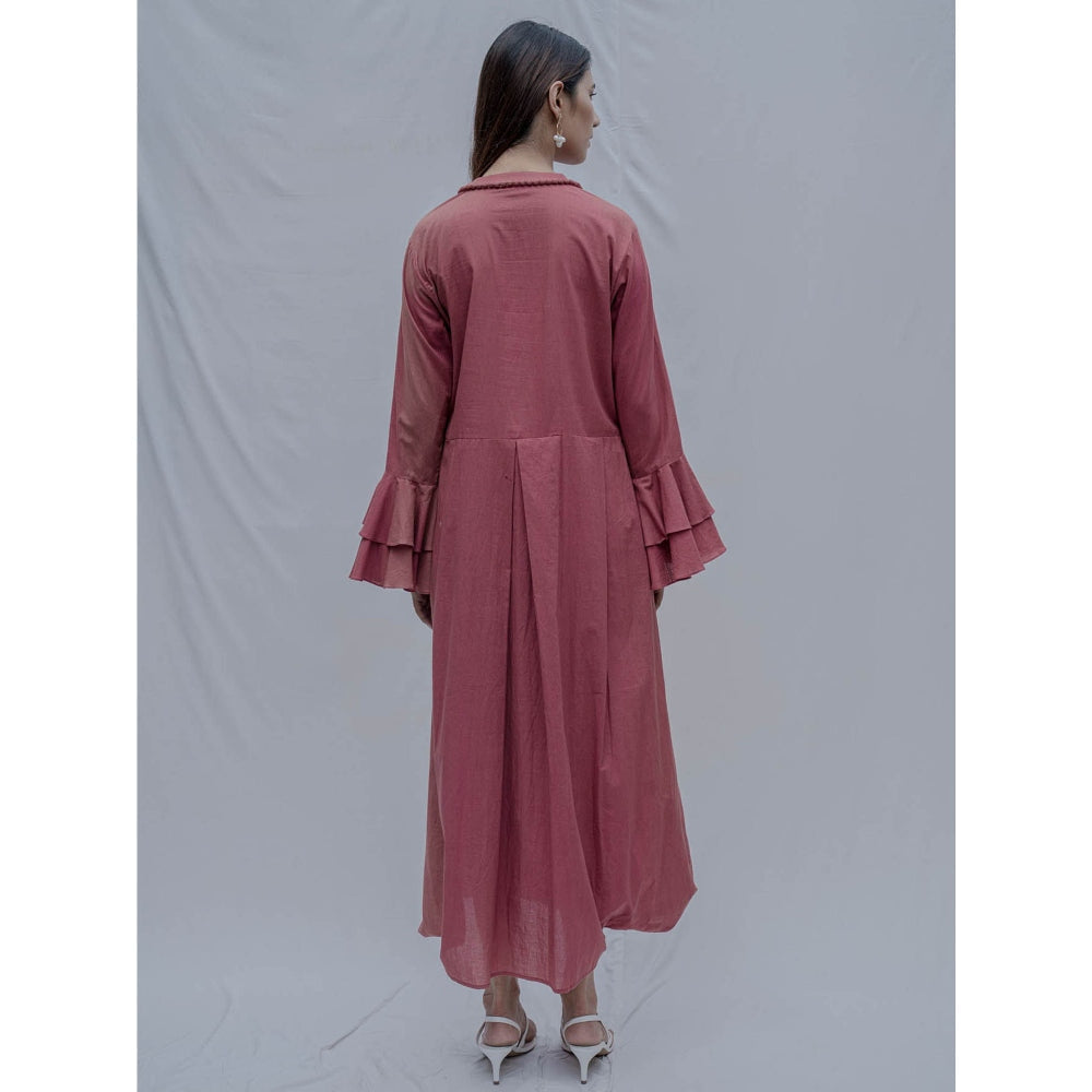 Bohame Rust Front Pleated Dress With Necklace (Set of 2)