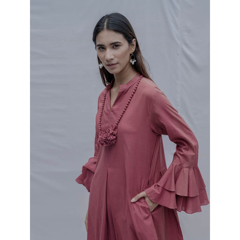 Bohame Rust Front Pleated Dress With Necklace (Set of 2)