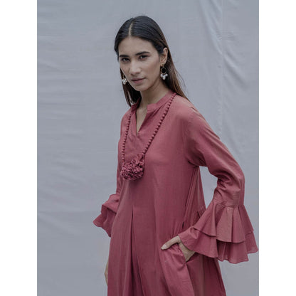 Bohame Rust Front Pleated Dress With Necklace (Set of 2)