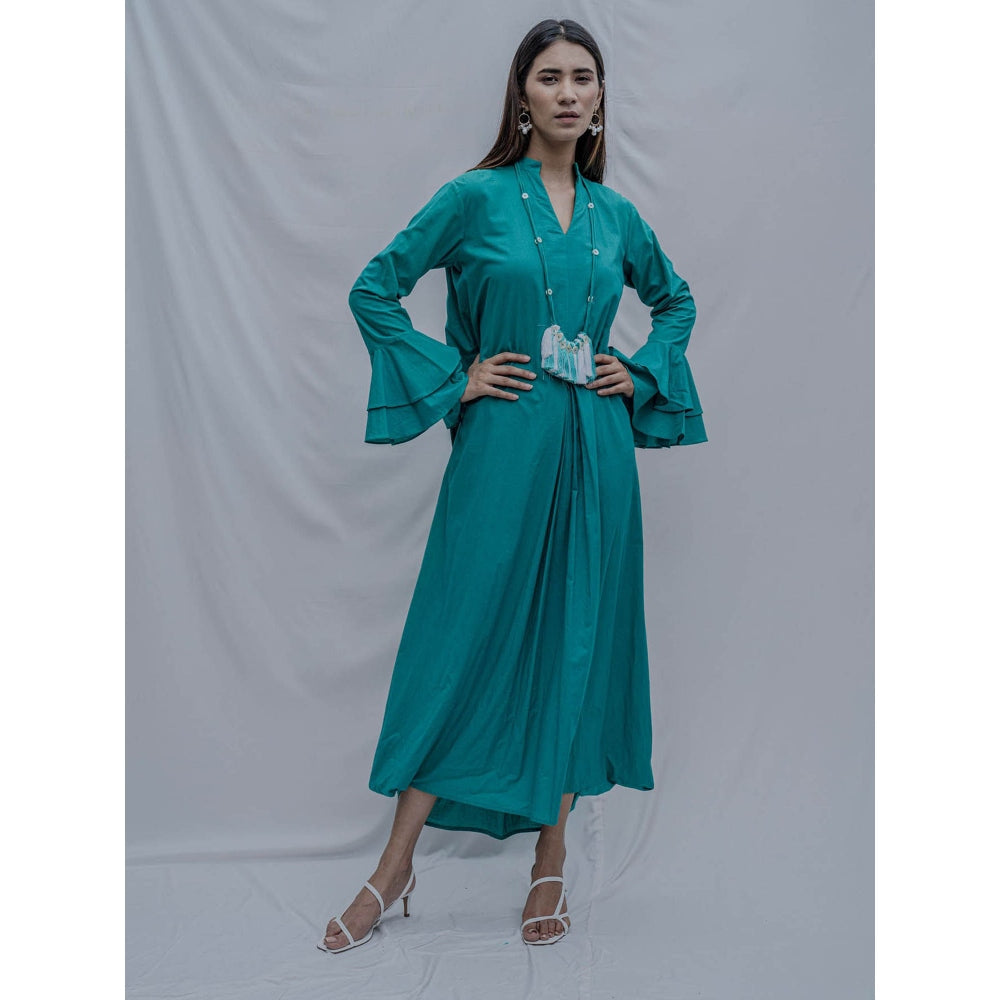 Bohame Turquoise Front Pleated Dress With Necklace (Set of 2)