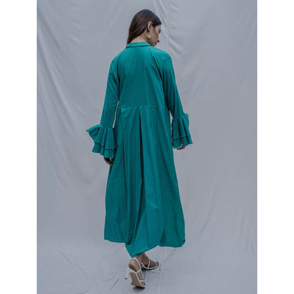 Bohame Turquoise Front Pleated Dress With Necklace (Set of 2)