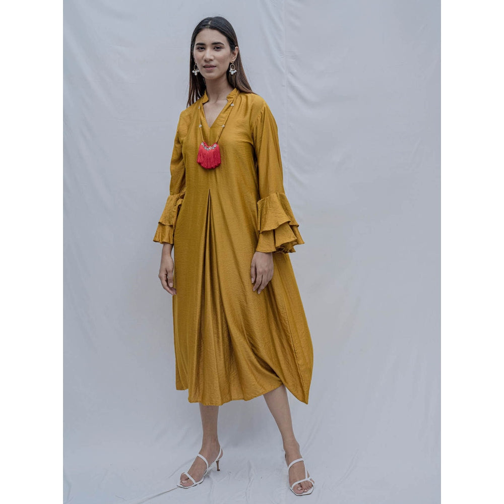 Bohame Mustard Front Pleated Dress With Necklace (Set of 2)