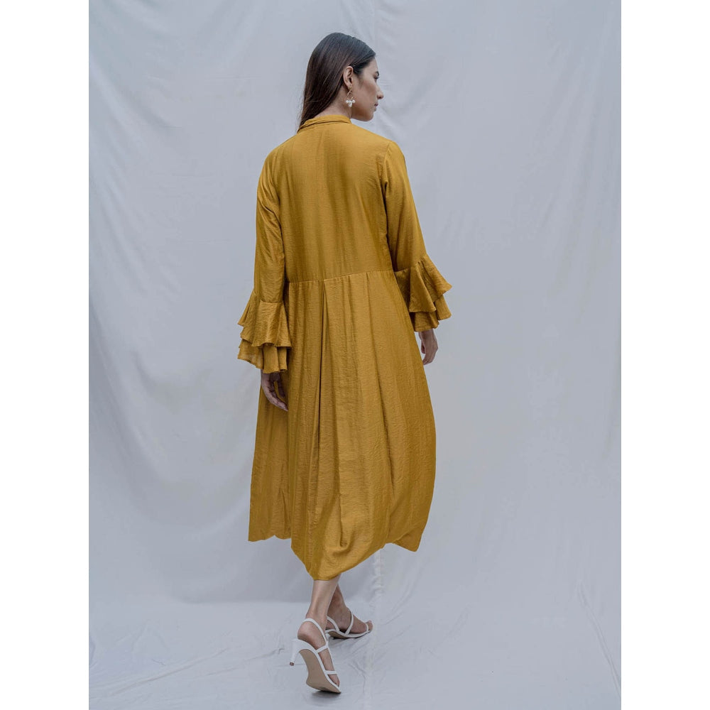 Bohame Mustard Front Pleated Dress With Necklace (Set of 2)