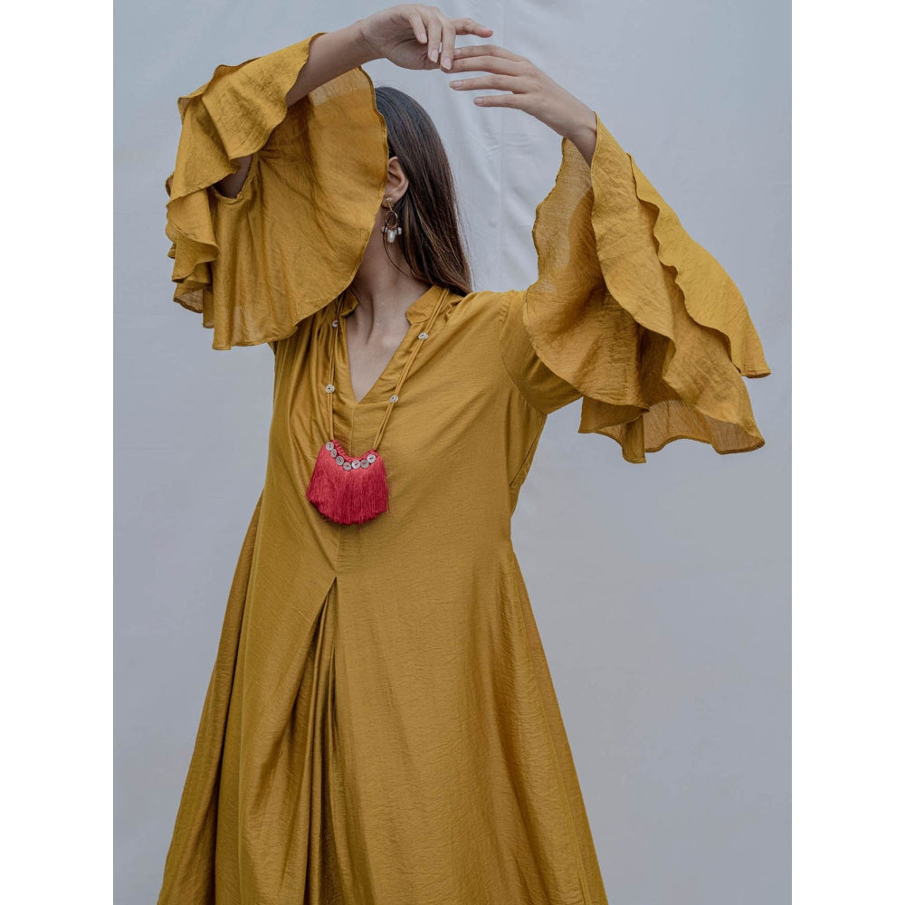 Bohame Mustard Front Pleated Dress With Necklace (Set of 2)