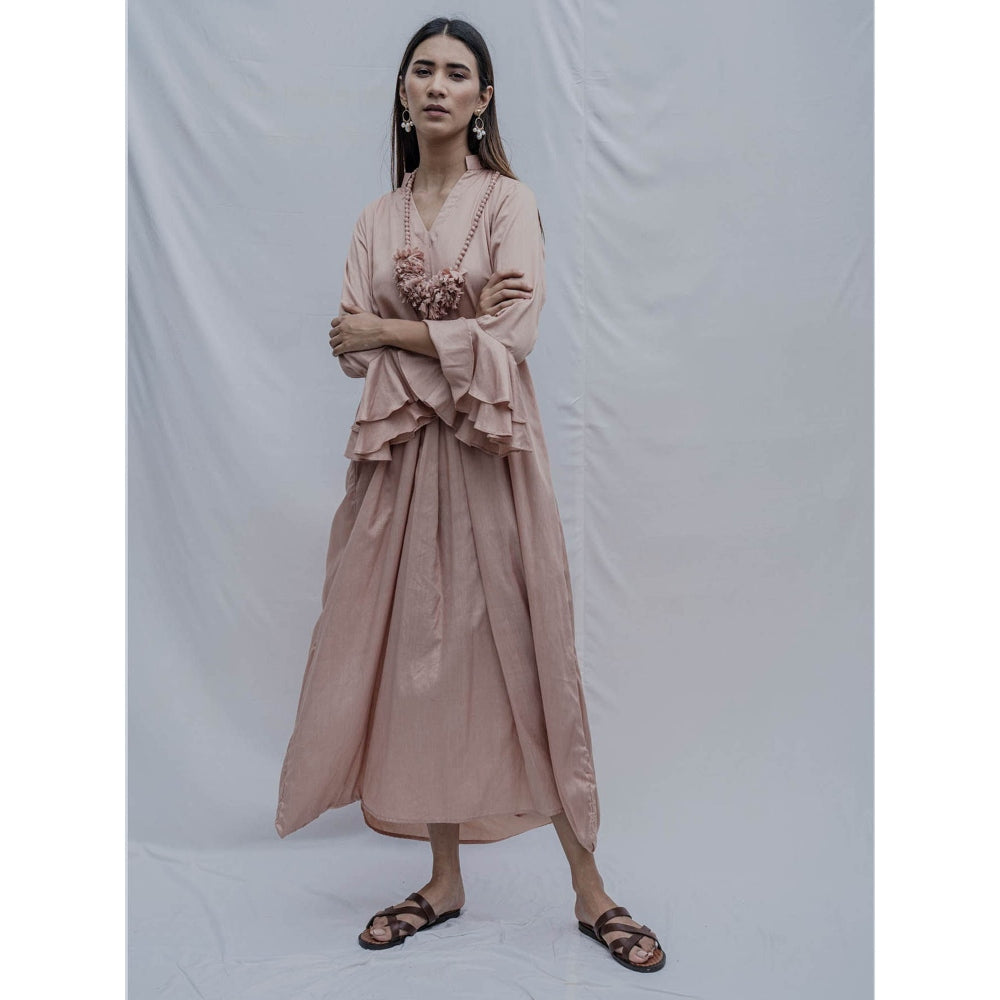 Bohame Rose Gold Front Pleated Dress With Necklace (Set of 2)