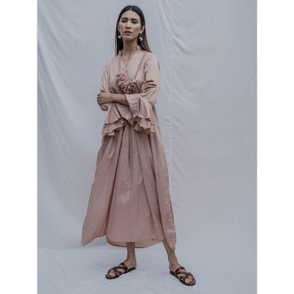 Bohame Rose Gold Front Pleated Dress With Necklace (Set of 2)