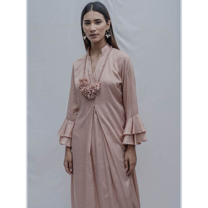 Bohame Rose Gold Front Pleated Dress With Necklace (Set of 2)