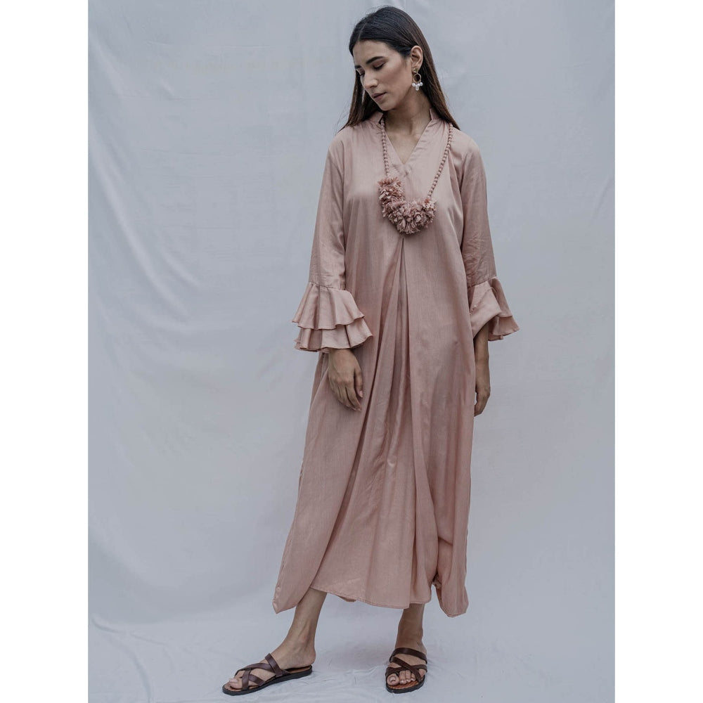 Bohame Rose Gold Front Pleated Dress With Necklace (Set of 2)