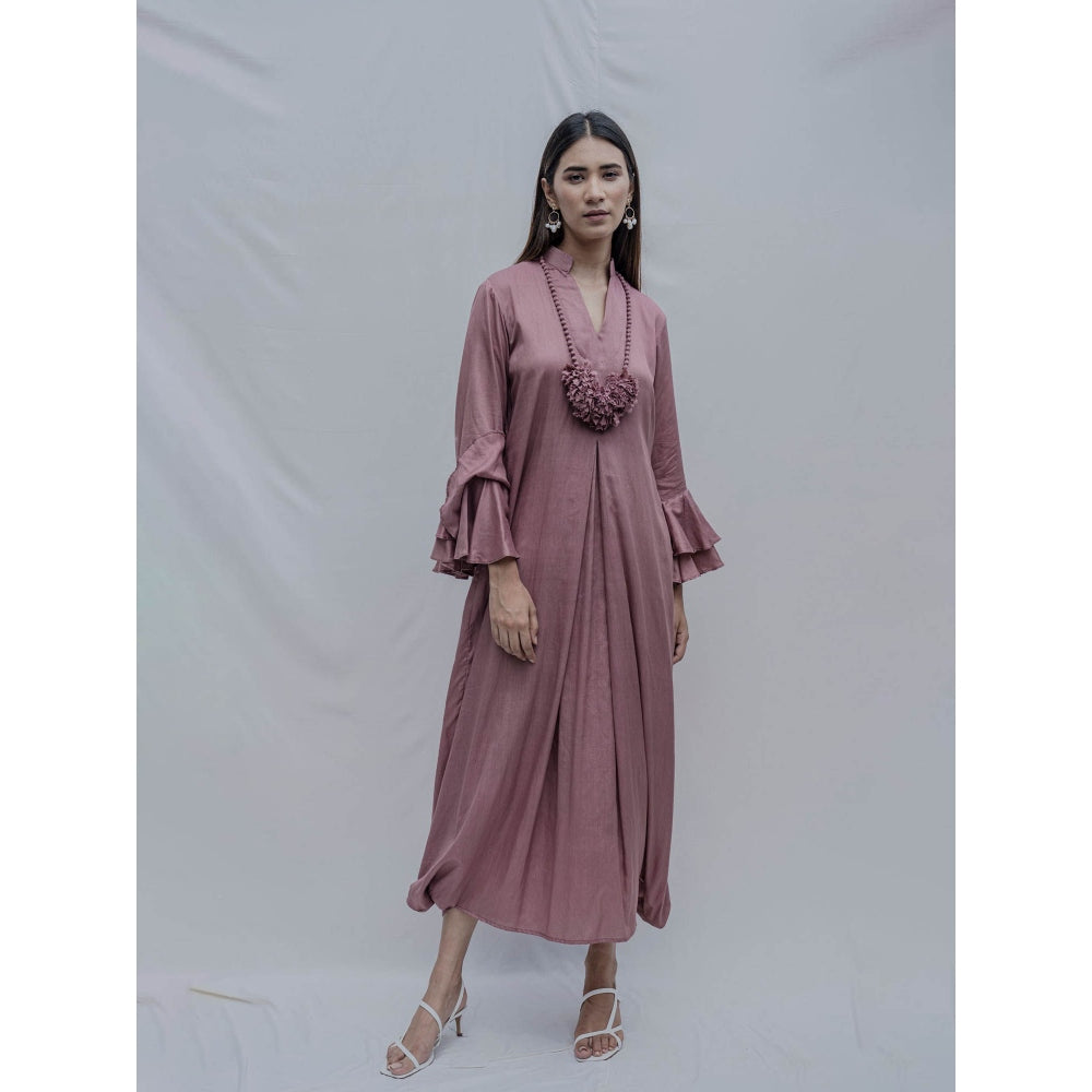 Bohame Purple Front Pleated Dress With Necklace (Set of 2)