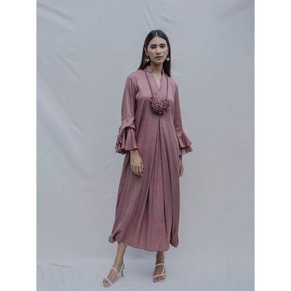 Bohame Purple Front Pleated Dress With Necklace (Set of 2)