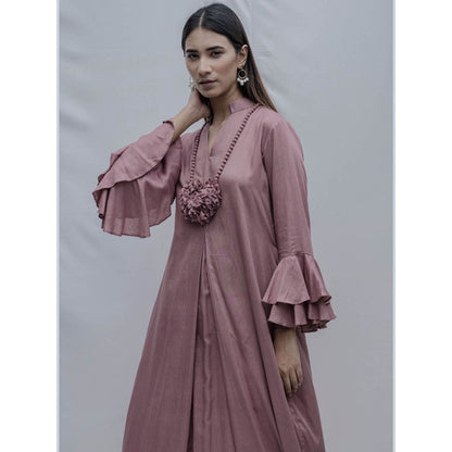 Bohame Purple Front Pleated Dress With Necklace (Set of 2)