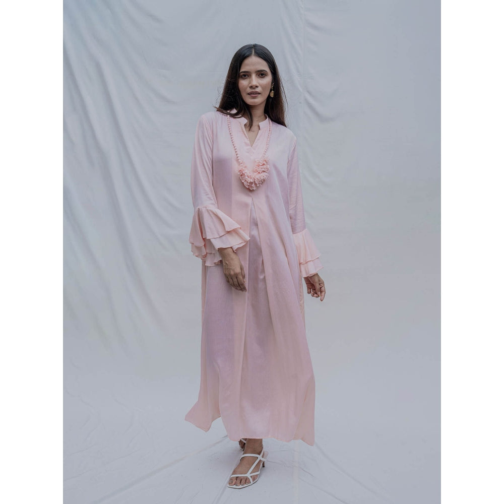 Bohame Peach Front Pleated Dress With Necklace (Set of 2)