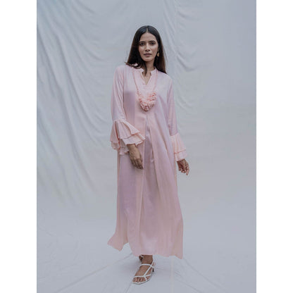 Bohame Peach Front Pleated Dress With Necklace (Set of 2)