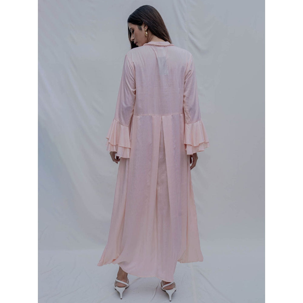 Bohame Peach Front Pleated Dress With Necklace (Set of 2)