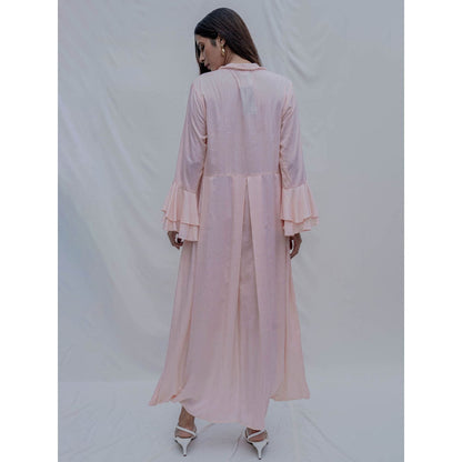 Bohame Peach Front Pleated Dress With Necklace (Set of 2)