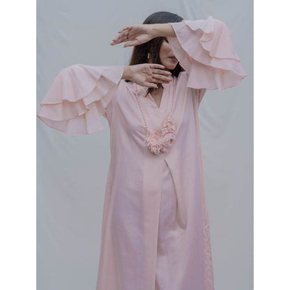 Bohame Peach Front Pleated Dress With Necklace (Set of 2)