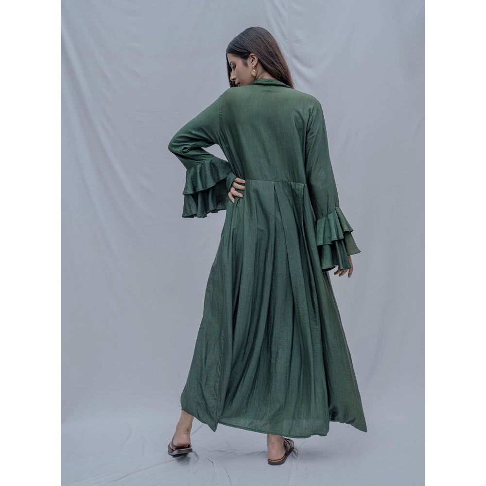 Bohame Bottle Green Front Pleated Dress With Necklace (Set of 2)