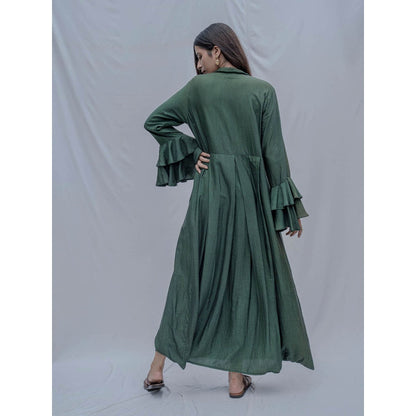 Bohame Bottle Green Front Pleated Dress With Necklace (Set of 2)