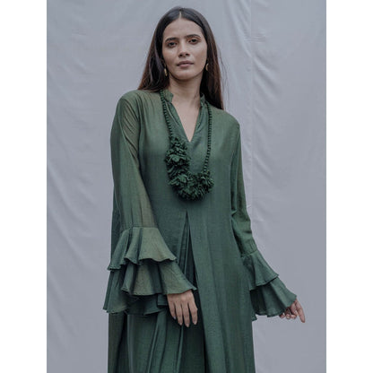 Bohame Bottle Green Front Pleated Dress With Necklace (Set of 2)