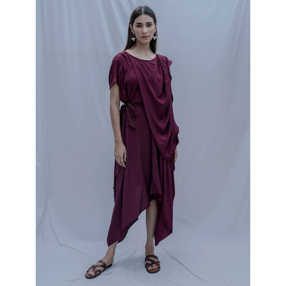 Bohame Maroon Jess Overlap Asymmetric Dress With Belt (Set of 2)