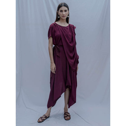 Bohame Maroon Jess Overlap Asymmetric Dress With Belt (Set of 2)