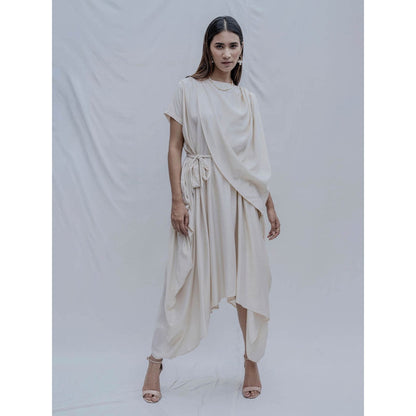 Bohame Off White Jess Overlap Asymmetric Dress With Belt (Set of 2)