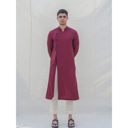Bohame Cotton X Linen In Maroon Kurta With Pajama (Set of 2)