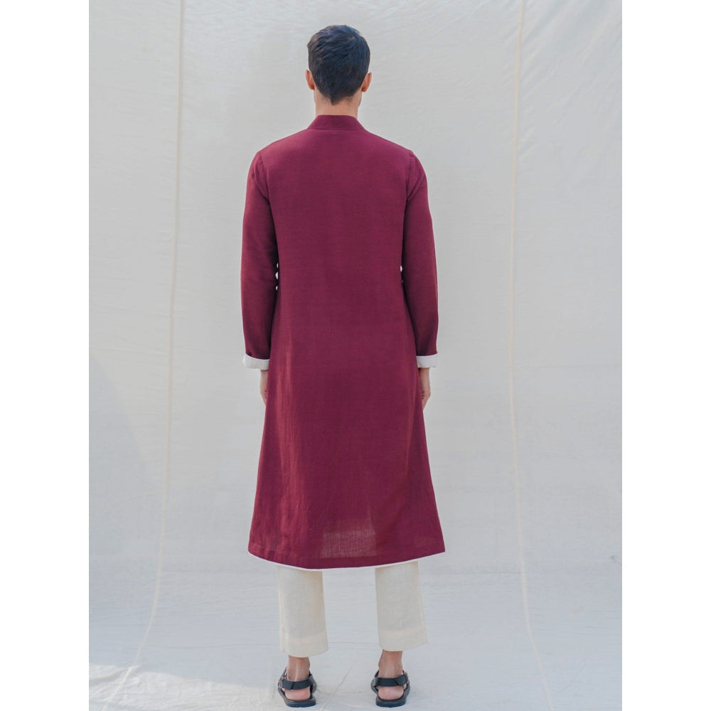 Bohame Cotton X Linen In Maroon Kurta With Pajama (Set of 2)