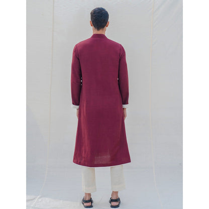 Bohame Cotton X Linen In Maroon Kurta With Pajama (Set of 2)