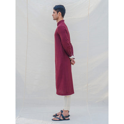 Bohame Cotton X Linen In Maroon Kurta With Pajama (Set of 2)