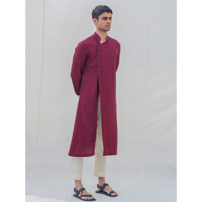 Bohame Cotton X Linen In Maroon Kurta With Pajama (Set of 2)