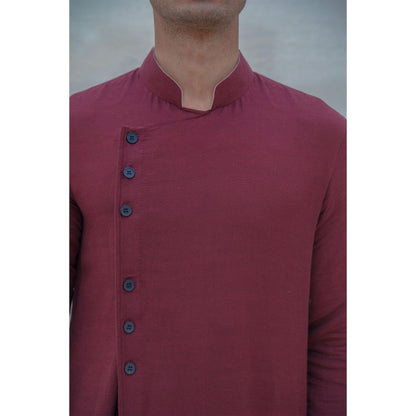 Bohame Cotton X Linen In Maroon Kurta With Pajama (Set of 2)