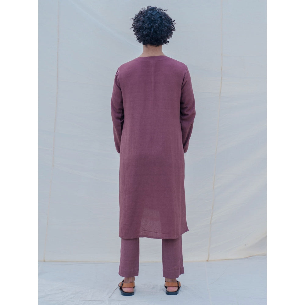 Bohame Cotton X Linen Dark Mauve Kurta With Pajama (Set of 2)