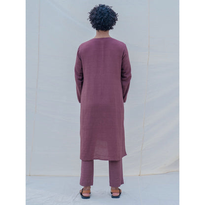 Bohame Cotton X Linen Dark Mauve Kurta With Pajama (Set of 2)