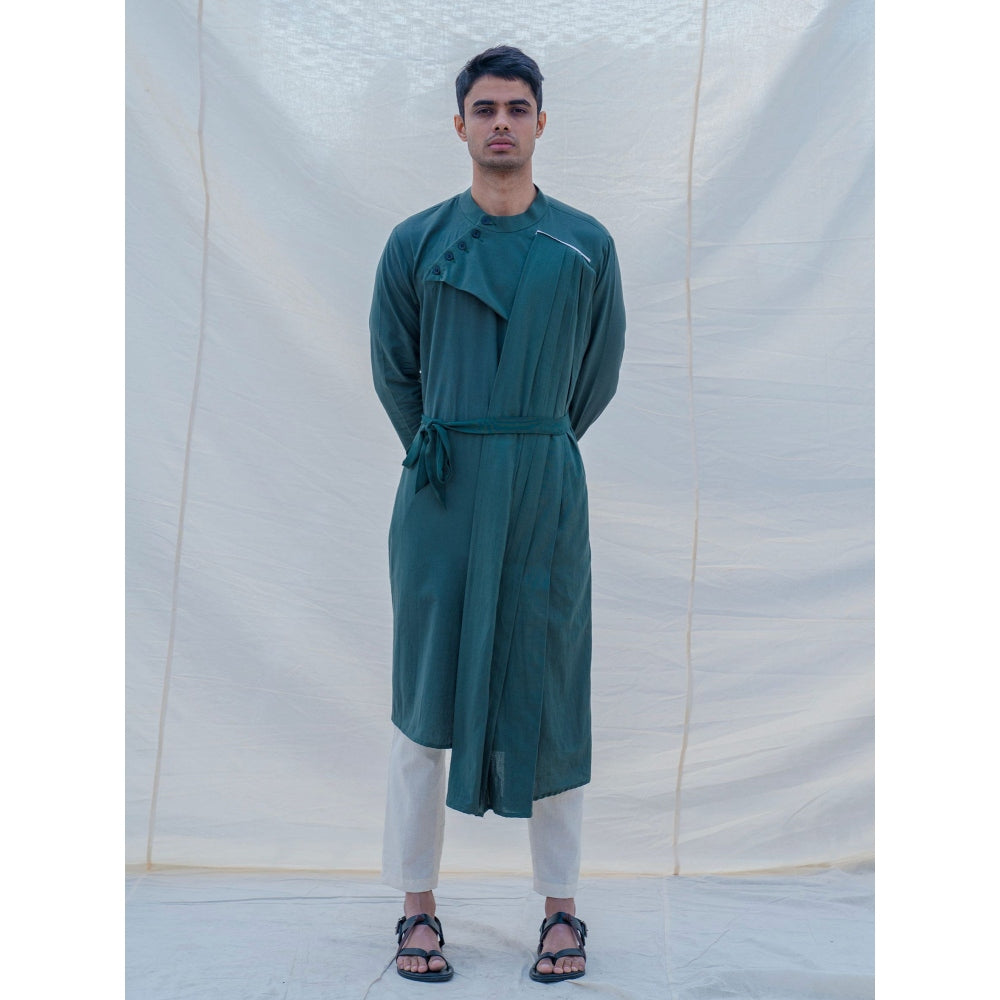 Bohame Cotton X Linen Kurta And Pajama In Bottle Green (Set of 2)
