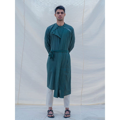 Bohame Cotton X Linen Kurta And Pajama In Bottle Green (Set of 2)