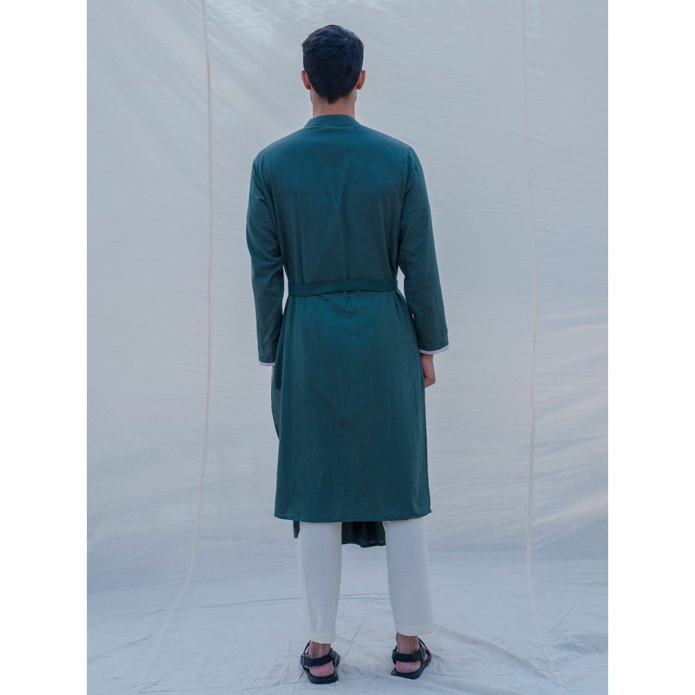 Bohame Cotton X Linen Kurta And Pajama In Bottle Green (Set of 2)