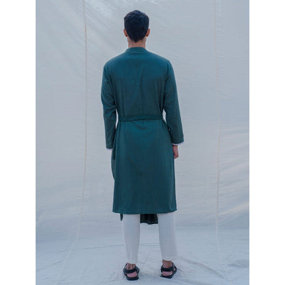 Bohame Cotton X Linen Kurta And Pajama In Bottle Green (Set of 2)