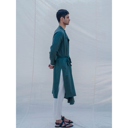 Bohame Cotton X Linen Kurta And Pajama In Bottle Green (Set of 2)