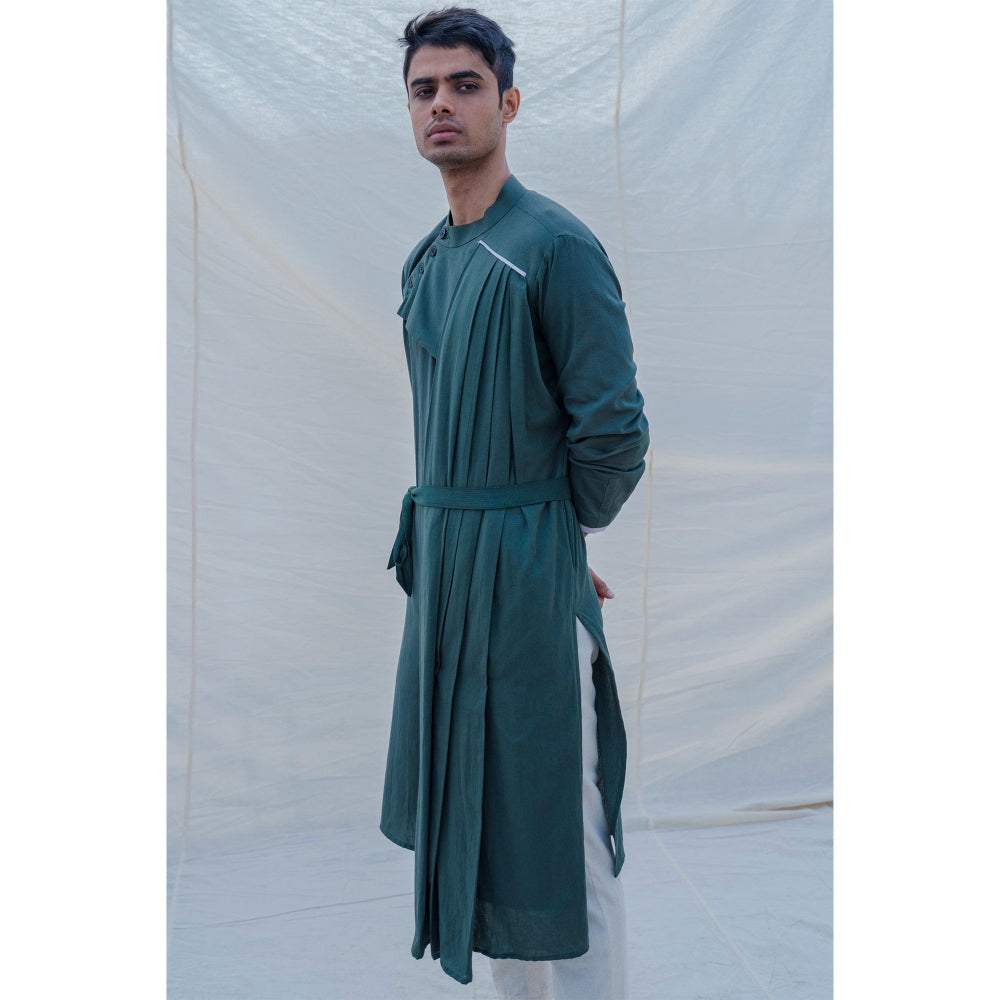 Bohame Cotton X Linen Kurta And Pajama In Bottle Green (Set of 2)